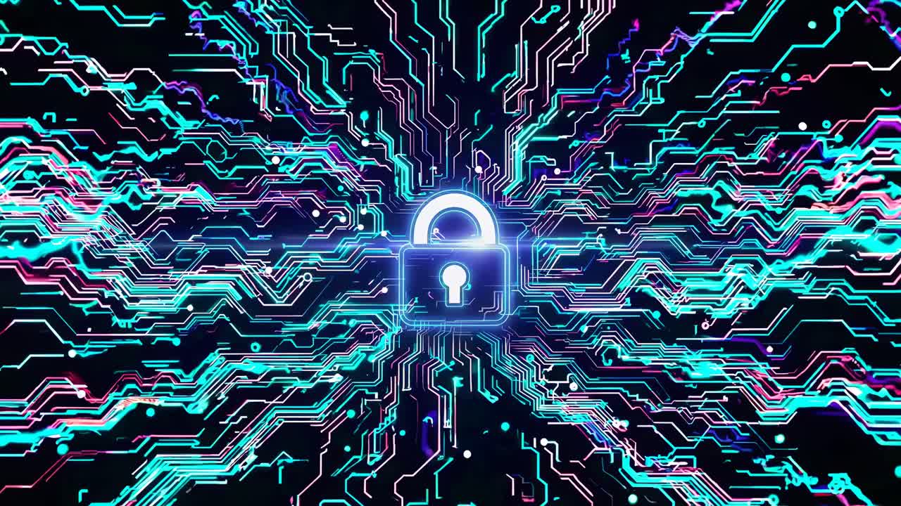 Futuristic digital security concept with a glowing lock at the center