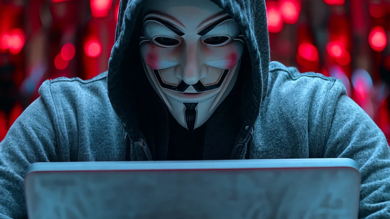 A man wearing a black hoodie and a fake beard is sitting in front of a laptop. He is typing on the laptop and he is focused on his work. The image has a dark and mysterious mood, with the red lighting