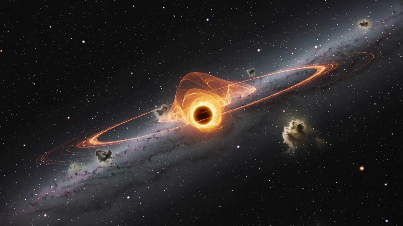 Opening on compact core, accreting torus and ring moving, clumps drifting across star band