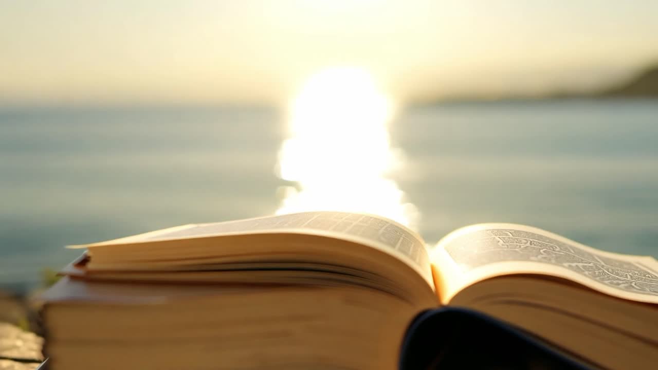 Camera slowly changing focus from an open book resting by the sea to the glittering reflection of the setting sun
