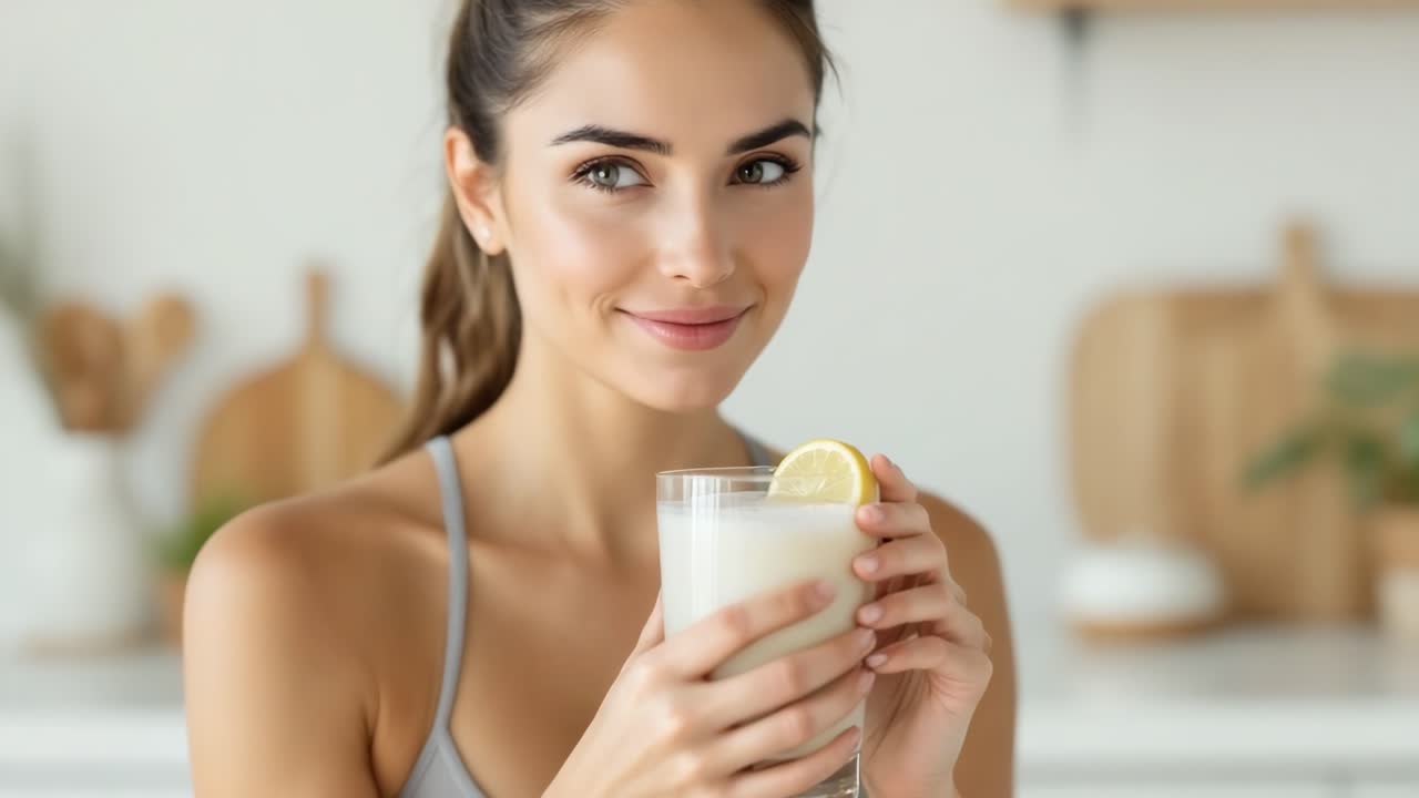 Donna muscolosa che beve un frullato proteico con una fetta di limone, nutrizione rinfrescante post-allenamento che supporta gli obiettivi di fitness.
