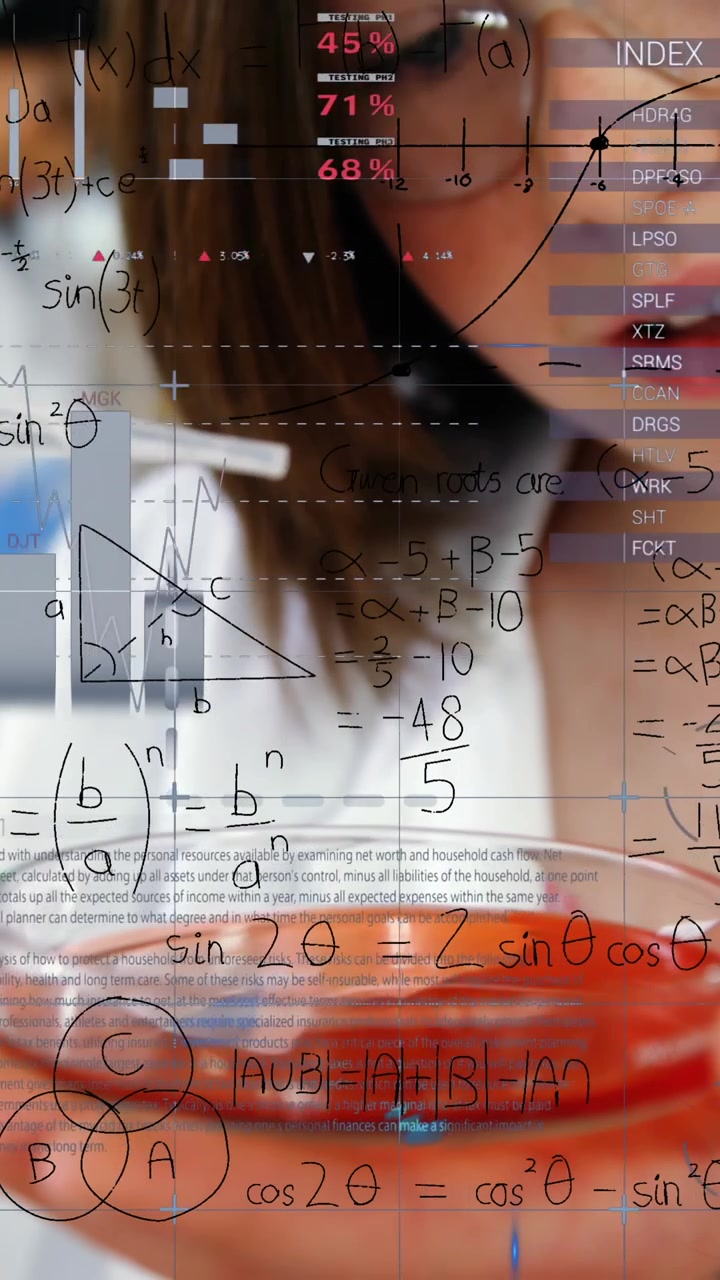 Animazione di elaborazione dati scientifici su scienziata caucasica