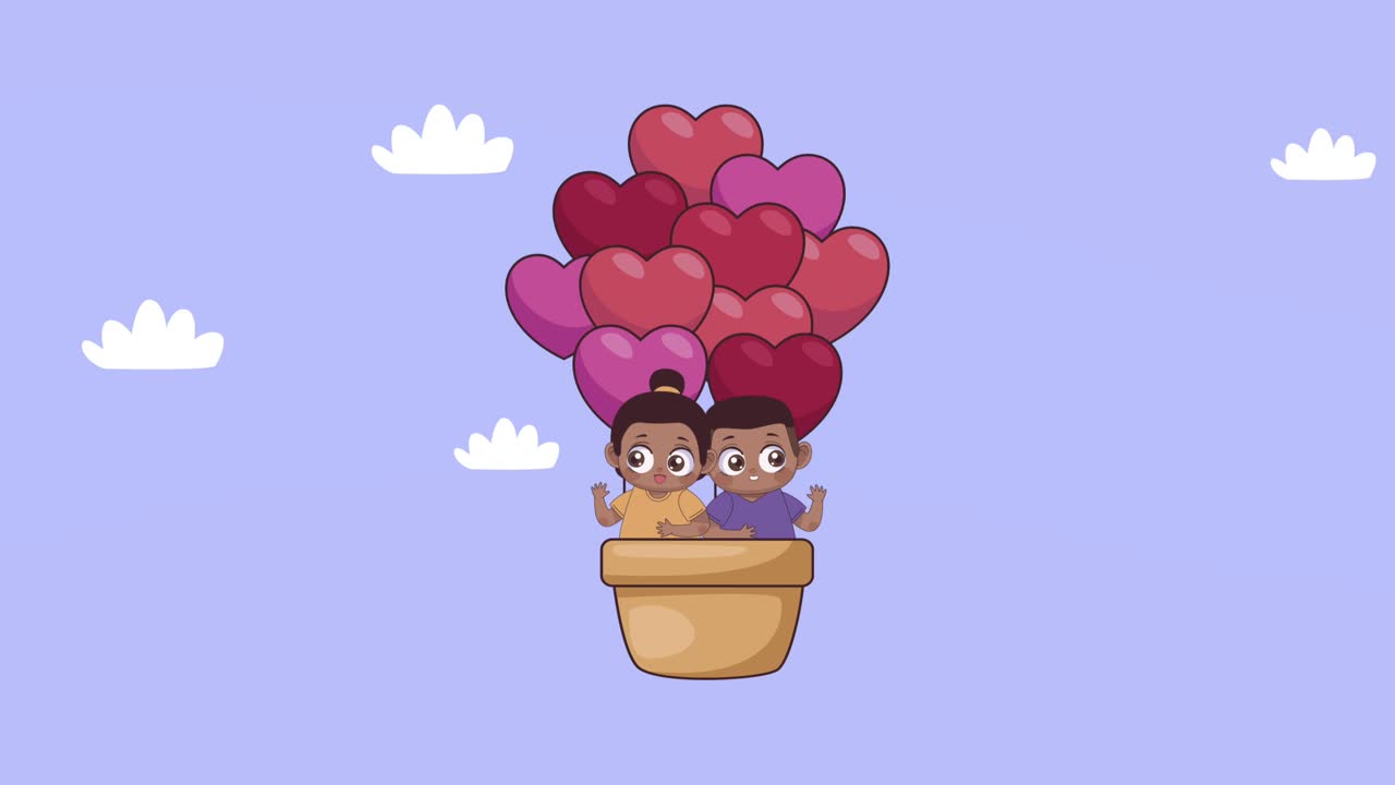 afro little lovers couple in balloon air hot animation