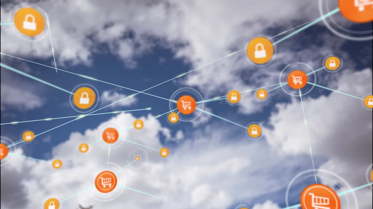animación de una red de iconos digitales sobre nubes en el cielo azul