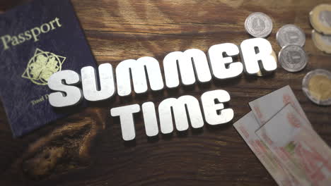 summer time with travel passport and money on wood