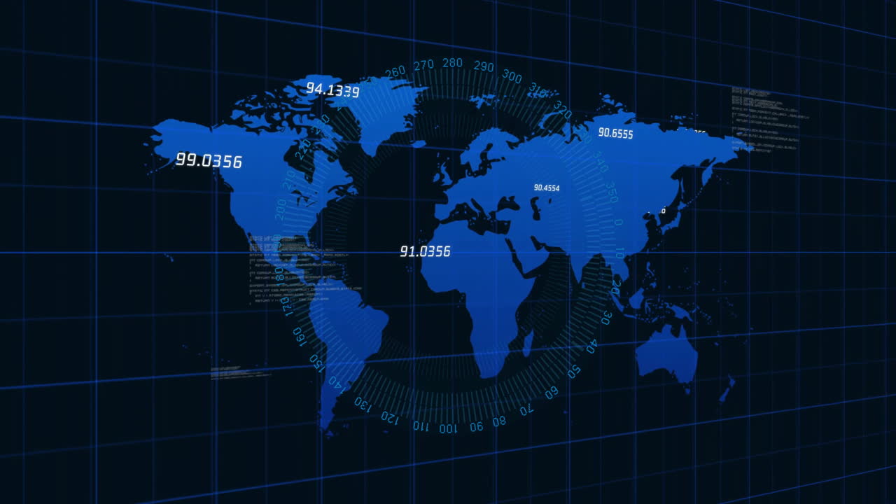 World map with numerical data and grid lines, global statistics animation
