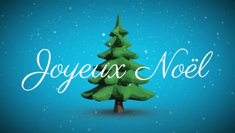 Animation-Von-Joyeux-Noel-Weihnachtsgrüßen-über-Dem-Weihnachtsbaum-Auf-Blauem-Hintergrund