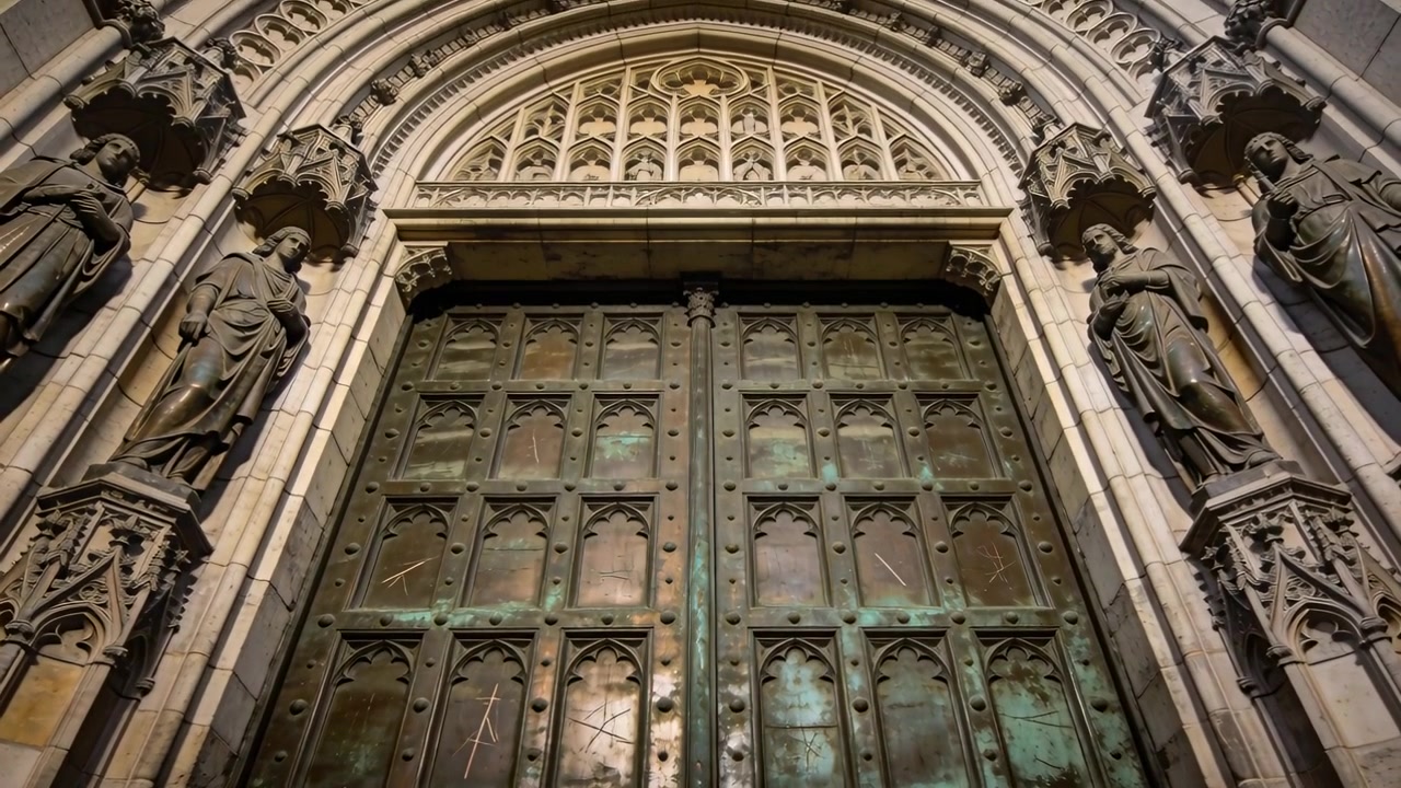 La telecamera si allontana rivelando porte di bronzo e trafori in una chiesa, mostrando dettagli con statue