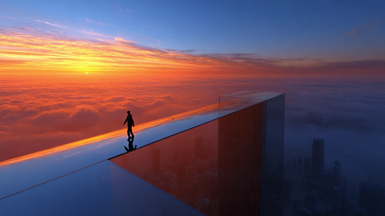 A solitary figure stands on the edge of a reflective glass platform overlooking a breathtaking sunset, enveloped by soft clouds that stretch endlessly across the horizon, showcasing a stunning display of vibrant colors