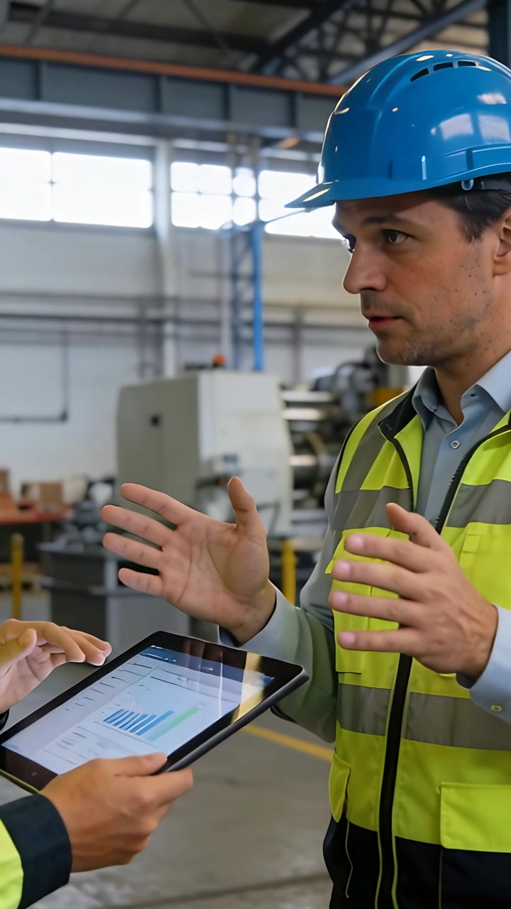 Vertical video: Reacting to tech showing tablet, man blue hat yellow vest discussing data on plant
