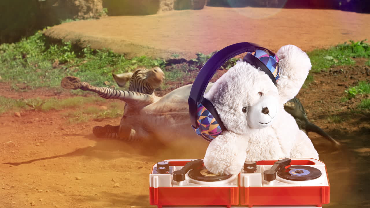 dj de oso de peluche con fondo de cebras