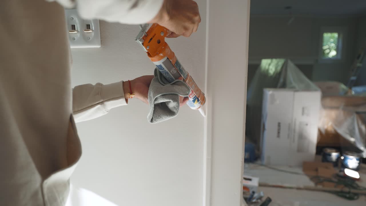 A person applies caulk to wall trim. Ideal for home improvement, interior renovation, DIY projects, construction, and professional painting or finishing work