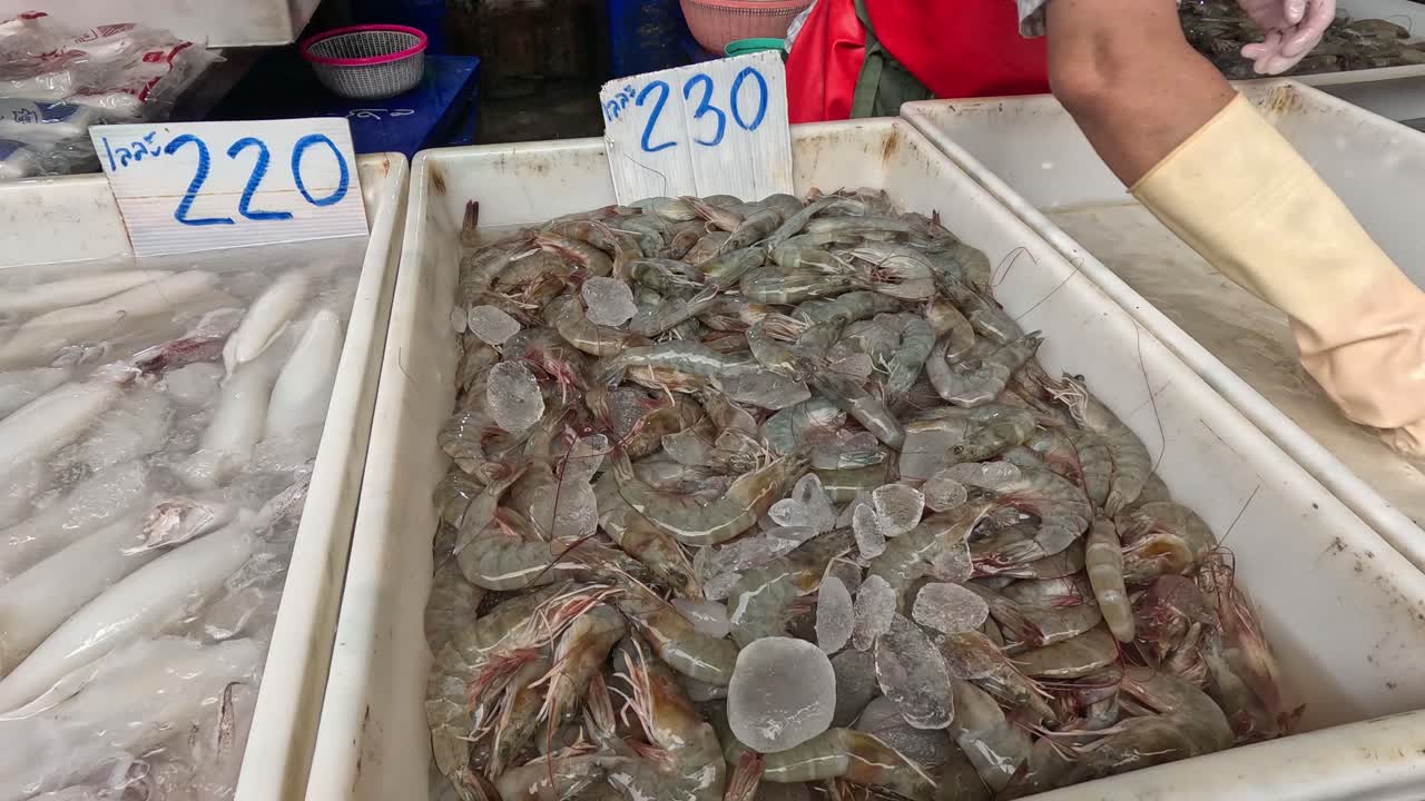 해산물 시장 에서 새우 와 물고기 를 분류 하는 손
