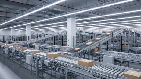 automated logistics warehouse with conveyor belts moving packages