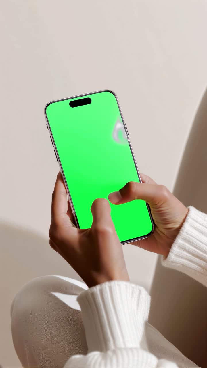 Woman holding smartphone screen live mockup animation, transparent 4K video, green screen