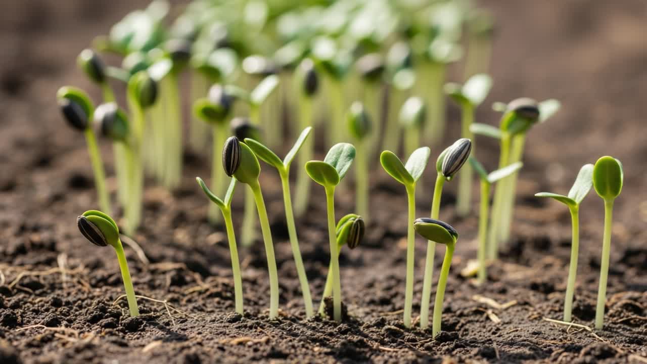 Numerous young sprouts emerging from dark soil