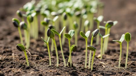 numerous young sprouts emerging from dark soil