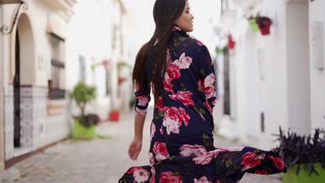 stylish woman in a floral print dress