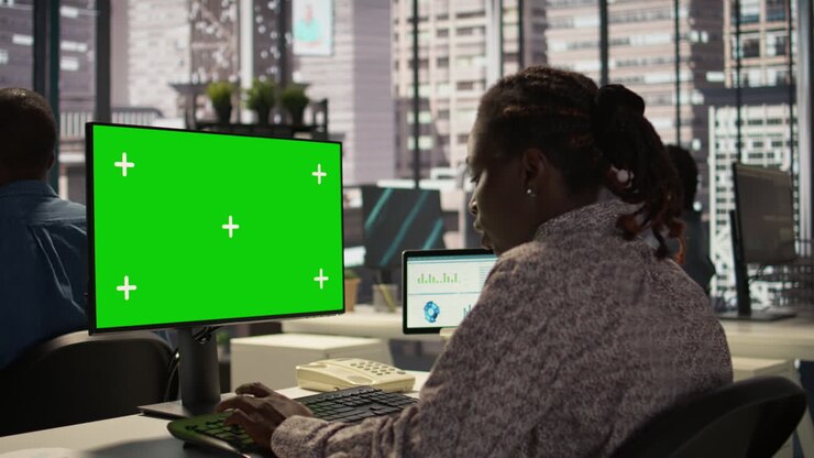 Geschäftsfrau arbeitet am Computer im modernen Büro