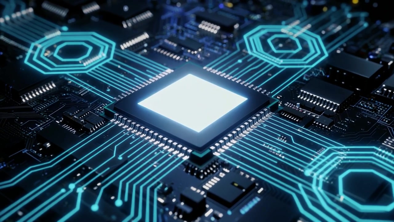 Centralprocessorchip med glødende datakredsløb på bundkort