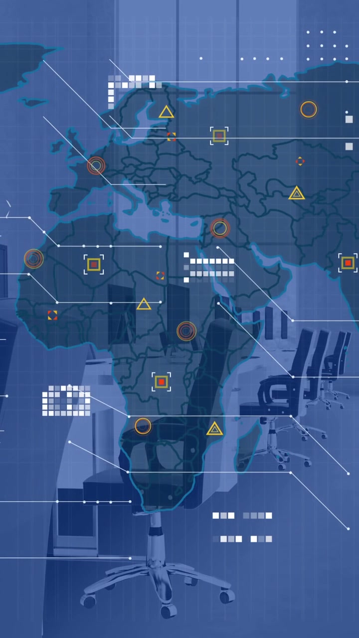 Animation of world map and data processing against empty office