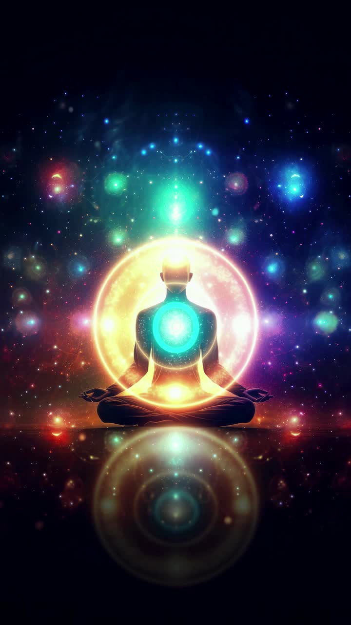 Un concetto video mistico di una figura in meditazione circondata da vivaci luci cosmiche