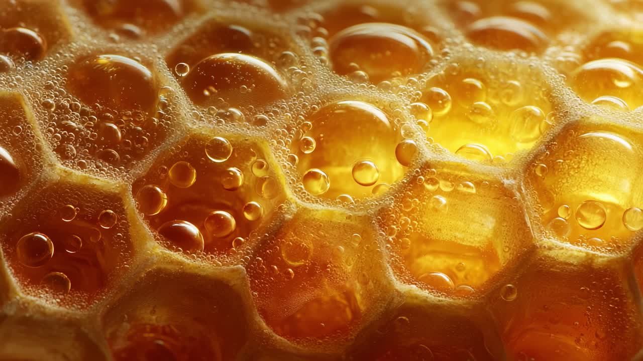 Close-Up of Honeycomb Structure Revealing Golden Honey and Bubbles, Showcasing Nature's Intricate Design and the Sweetness of Natural Honey Production