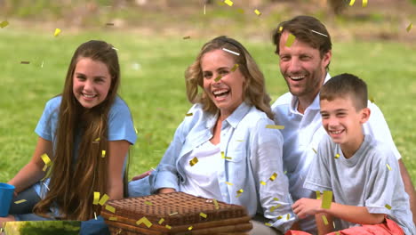 family sitting on picnic blanket, smiling with falling confetti animation