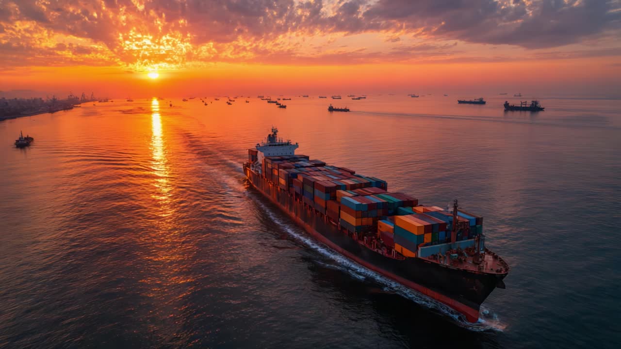 A Majestic Container Ship Navigates the Tranquil Waters at Sunset, Surrounded by an Enchanting Glow and a Fleet of Vessels Against the Golden Sky