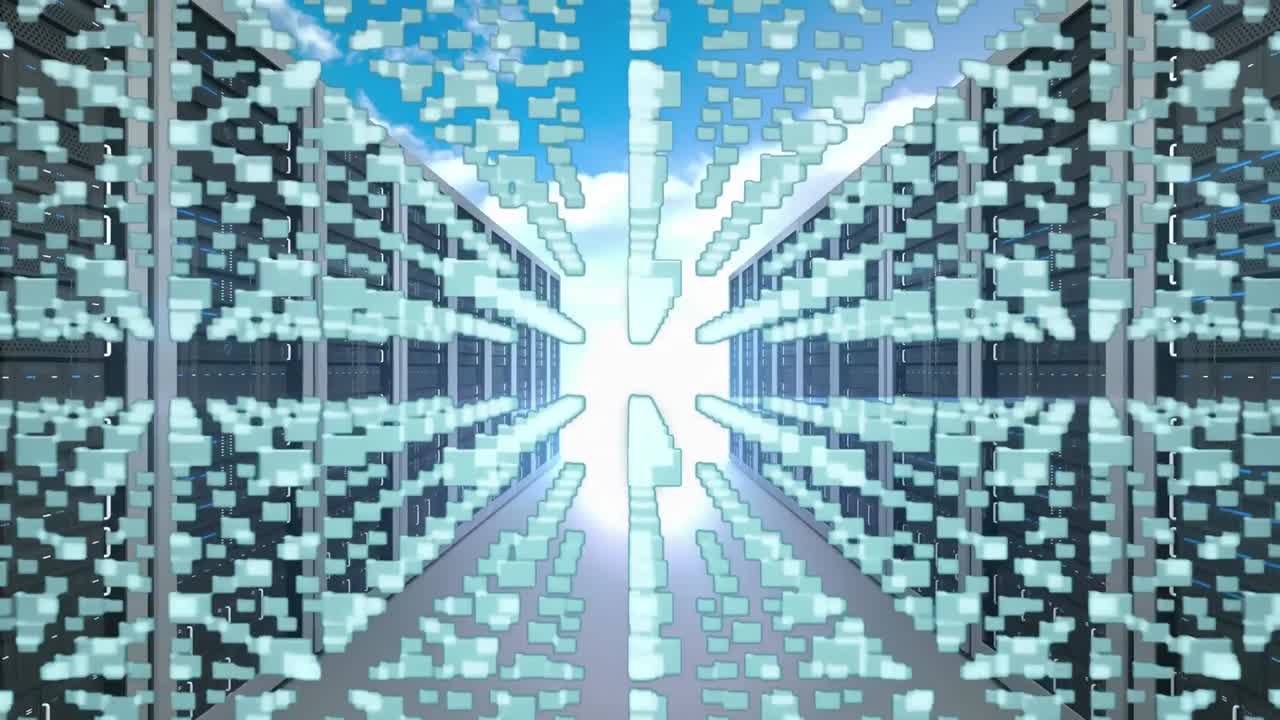 Lock icon and a corridor of server towers