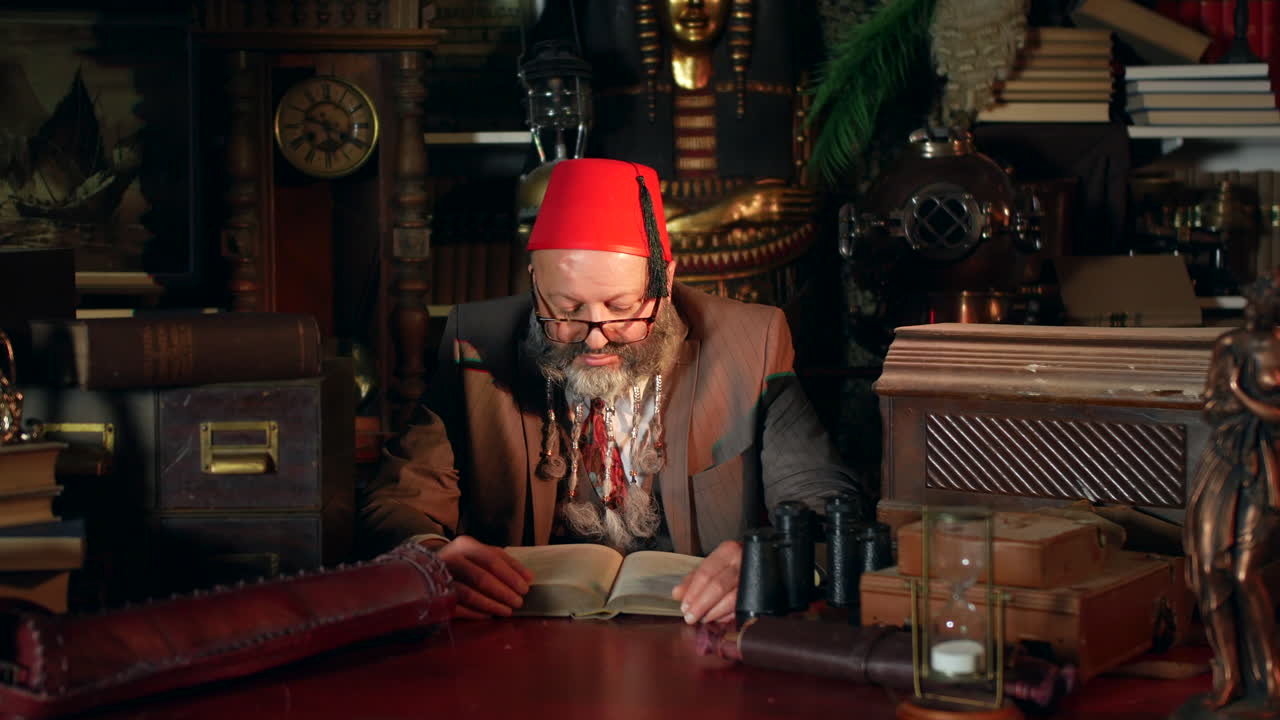 페르시아의 고대 미술 상인이 이집트 사르코파그와 오래된 시계를 포함한 유물로 가득 찬 가게에서 읽고 고대 책을 읽고 있습니다.