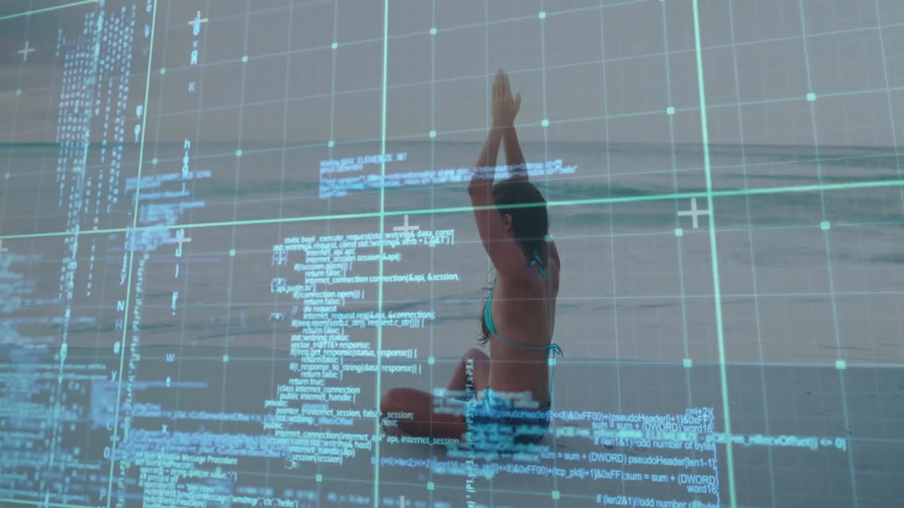 Woman practicing yoga on beach with digital data overlay animation