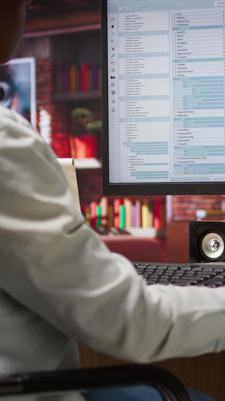 Vertical video System administrator types code into PC, developing software