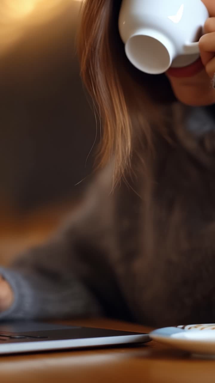Un momento di concentrazione accogliente: una donna elegante si gusta il caffè mentre è impegnata in un lavoro riflessivo al suo laptop in un'atmosfera serena.