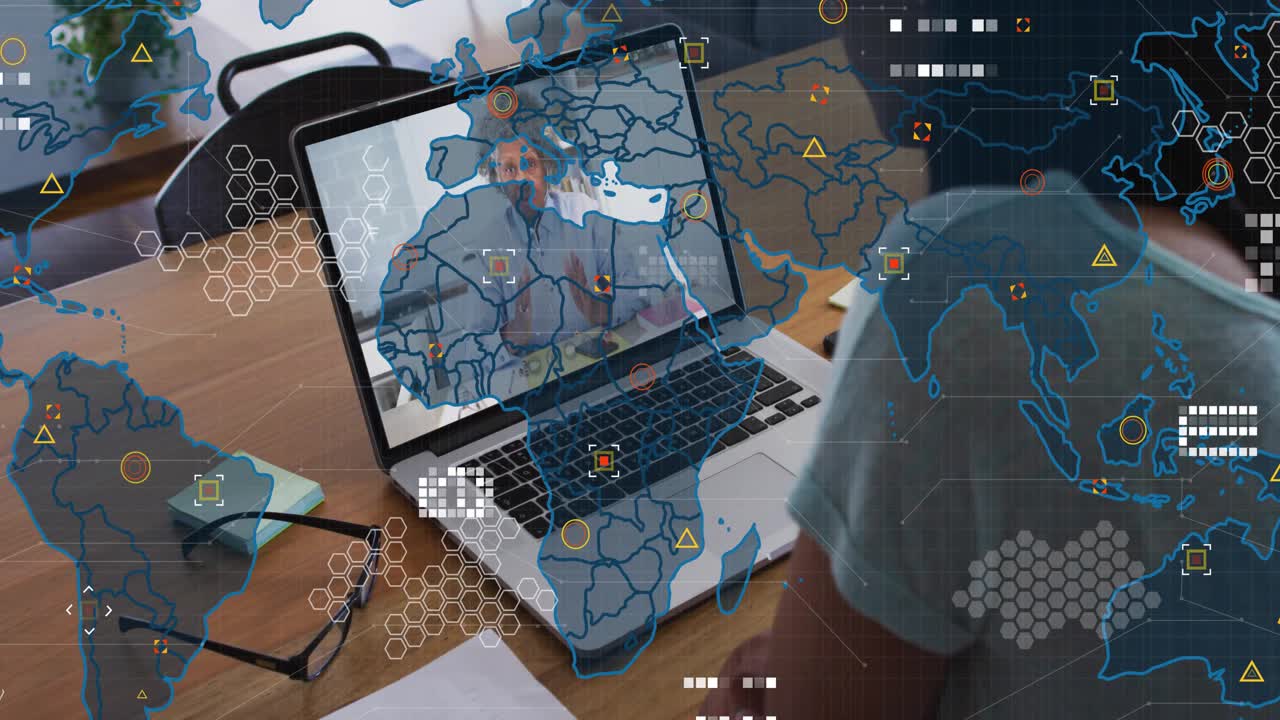 Man starting laptop call for tech briefing while senior woman showing map overlay growing on desk