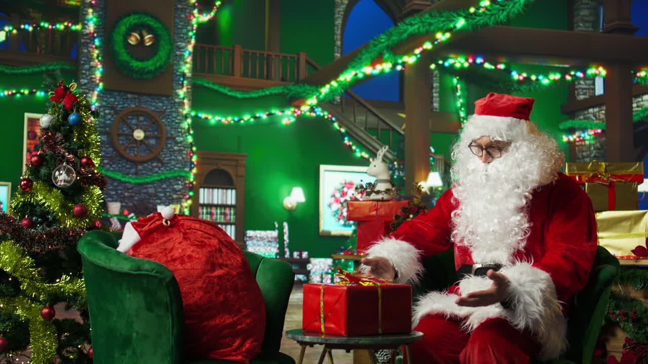 산타클로스가 크리스마스 선물을 열고