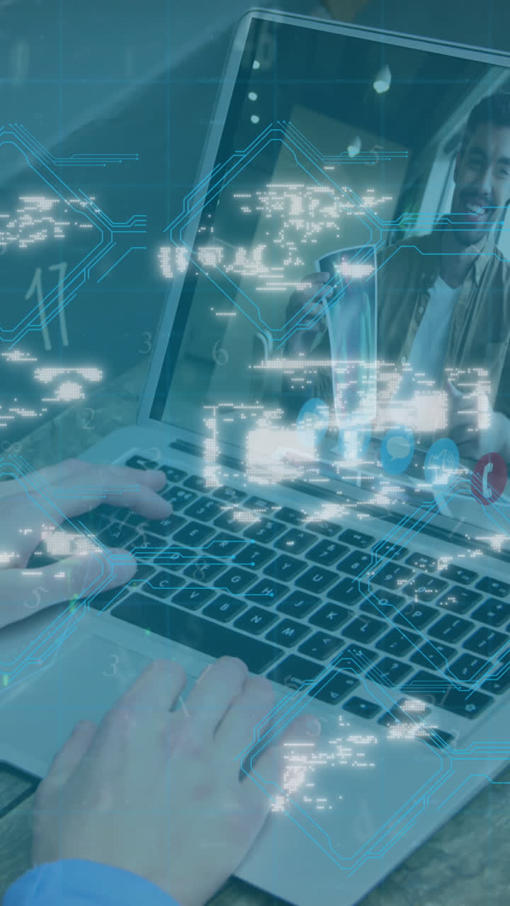 Animation of data processing and security padlock over woman using ...