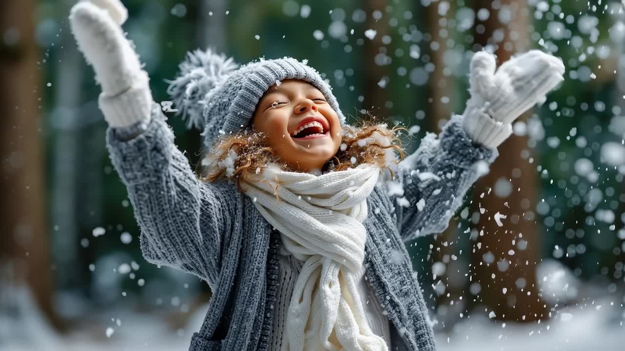 A little girl laughing in the snow with her arms outstretched