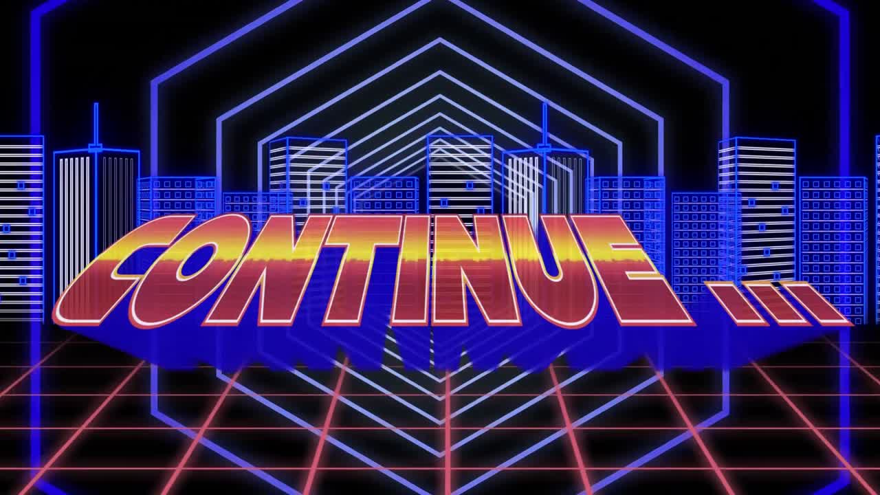 빨간색과 노란색 글자로 쓰여진 계속이라는 단어의 애니메이션