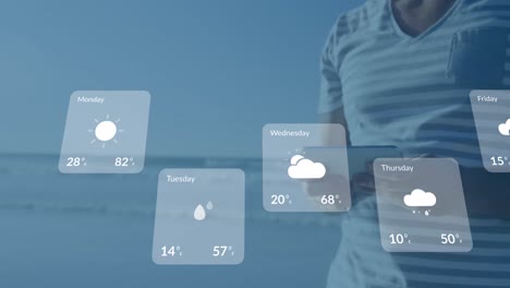 Animation-of-weather-forecast-over-caucasian-man-using-tablet