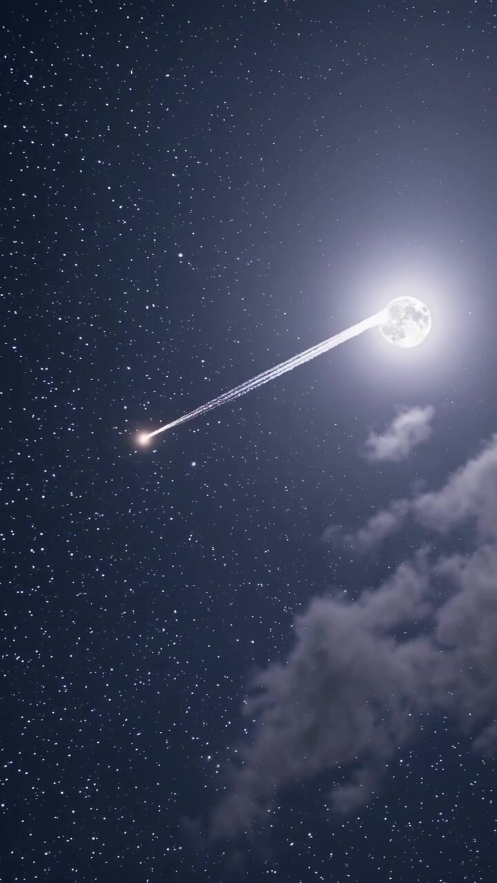 Shooting Star Streaking Past a Bright Full Moon in the Starry Night Sky