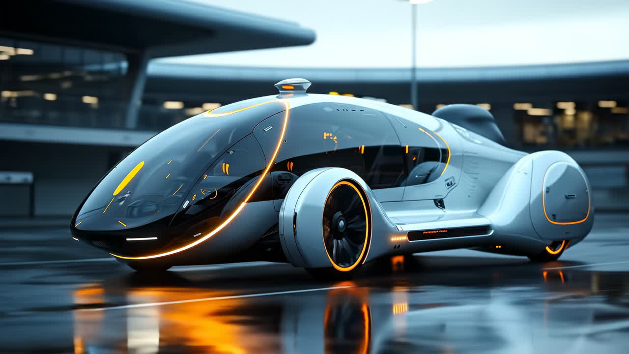 Futuristic EV in city park. Sleek electric vehicle stands in a modern city area on a rainy day