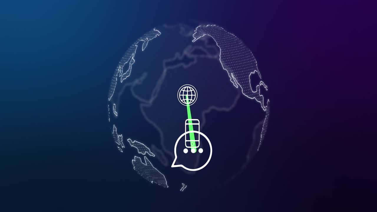 해군 배경에서 전 세계 기술 아이콘과 연결되는 스마트폰의 애니메이션