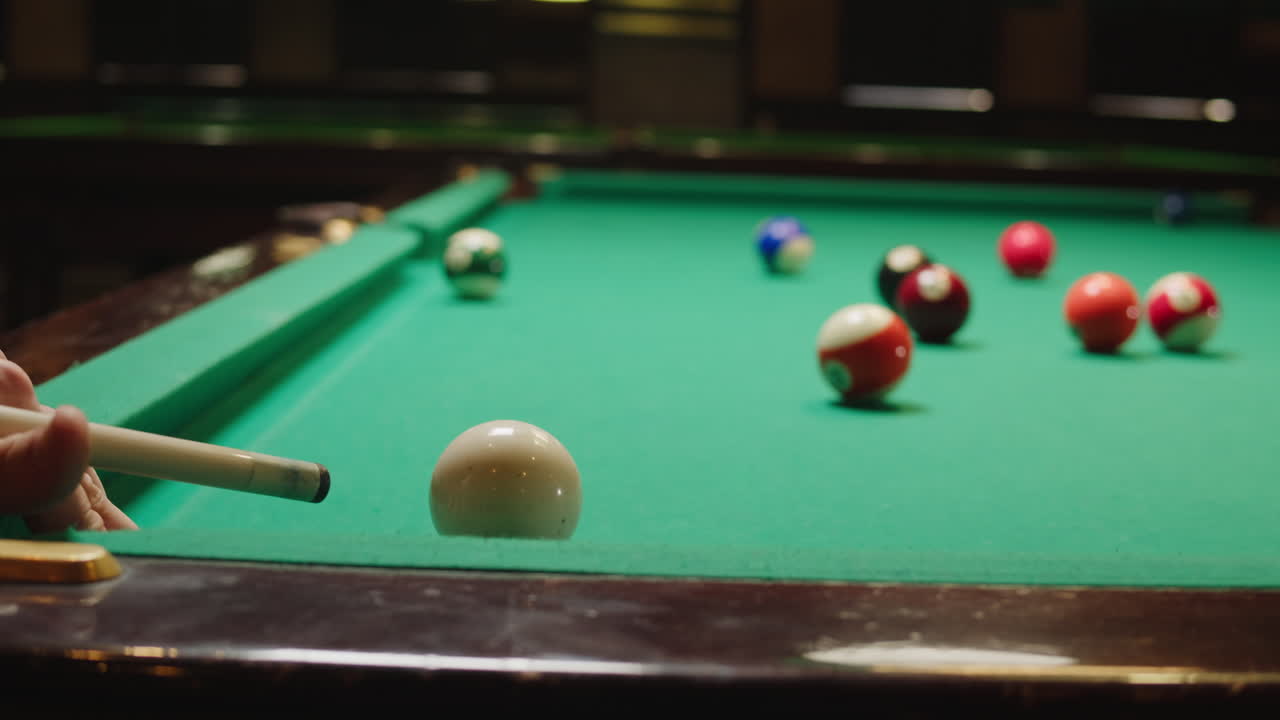 Playing American billiard poule close-up. Colorful balls on green billiards table .Billiard balls with numbers on a pool table. Billiards team sport.High quality 4k footage