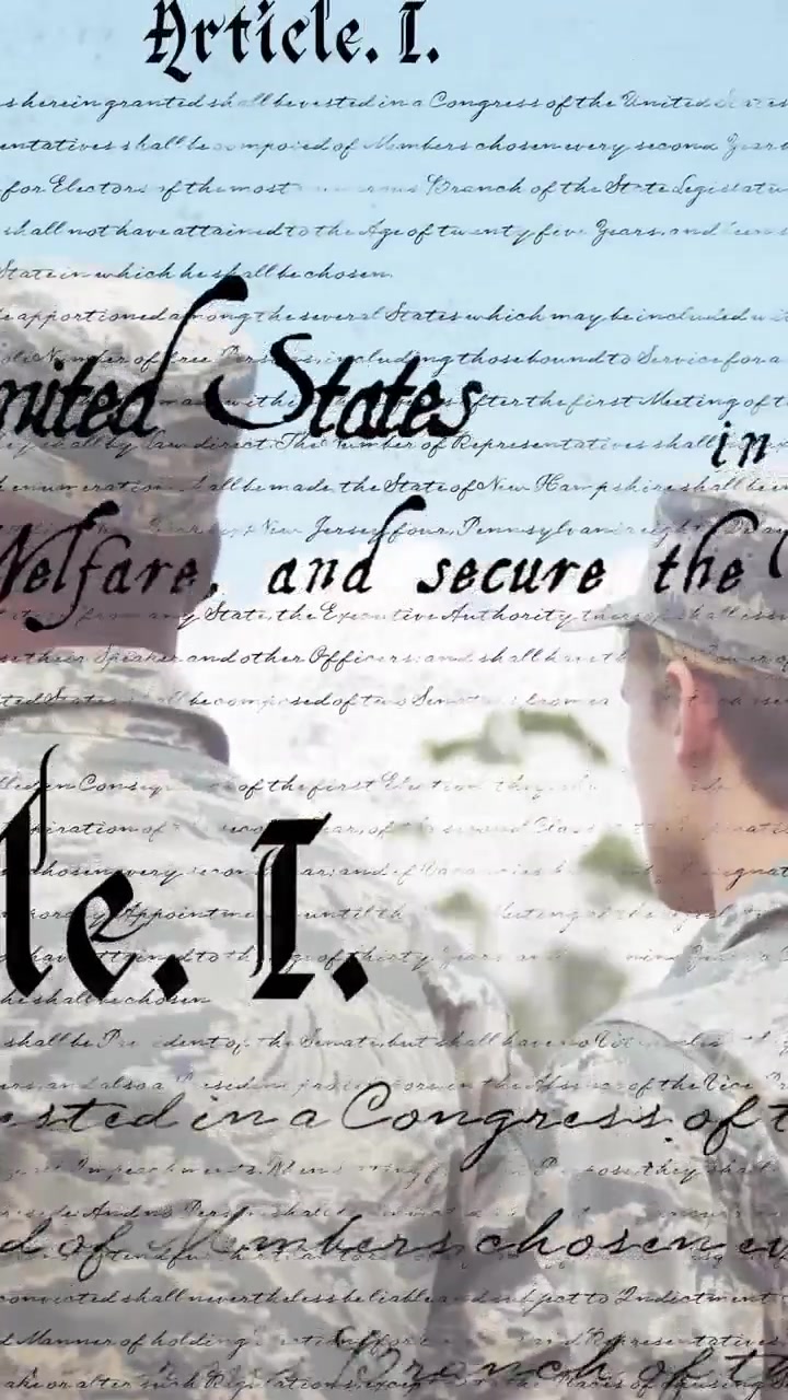 Military personnel standing, Constitution text animation over blue sky background