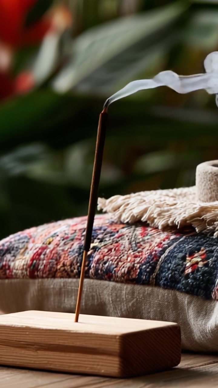 Un moment serein capturé : des bâtonnets d'encens brûlent avec des volutes de fumée s'élevant au-dessus d'un coussin magnifiquement texturé dans un cadre tranquille.