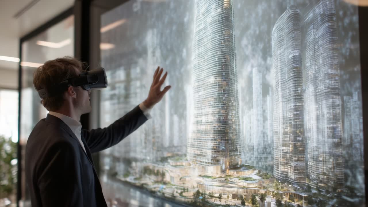 A Man Engaged in Virtual Reality Exploration of Futuristic Skyscrapers, Interacting with a Stunningly Detailed Digital Display of an Urban Landscape Through Advanced Technology