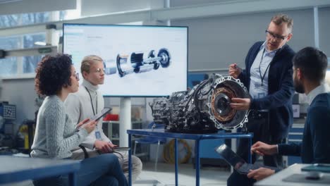 el ingeniero jefe habla de cómo funciona el motor a jóvenes especialistas diversos con computadora portátil en el laboratorio de investigación. concepto de puesta en marcha de la empresa innovadora. disparo medio