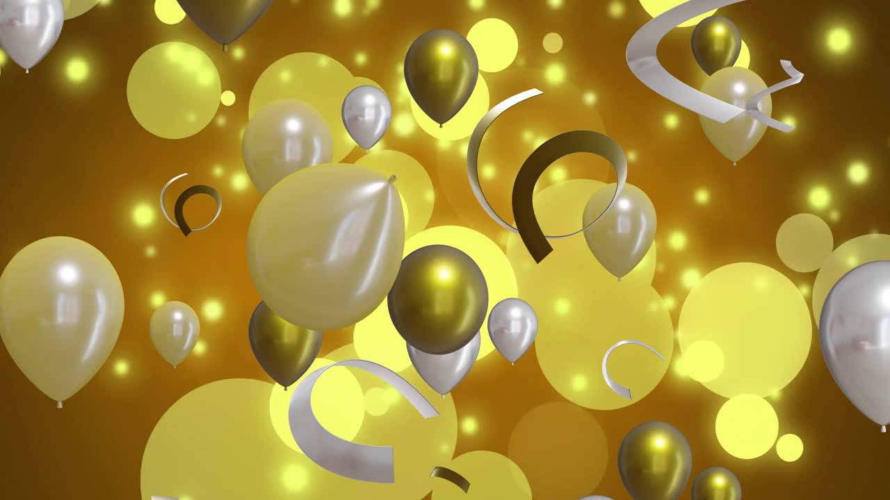 animación de globos de oro y plata sobre un fondo amarillo