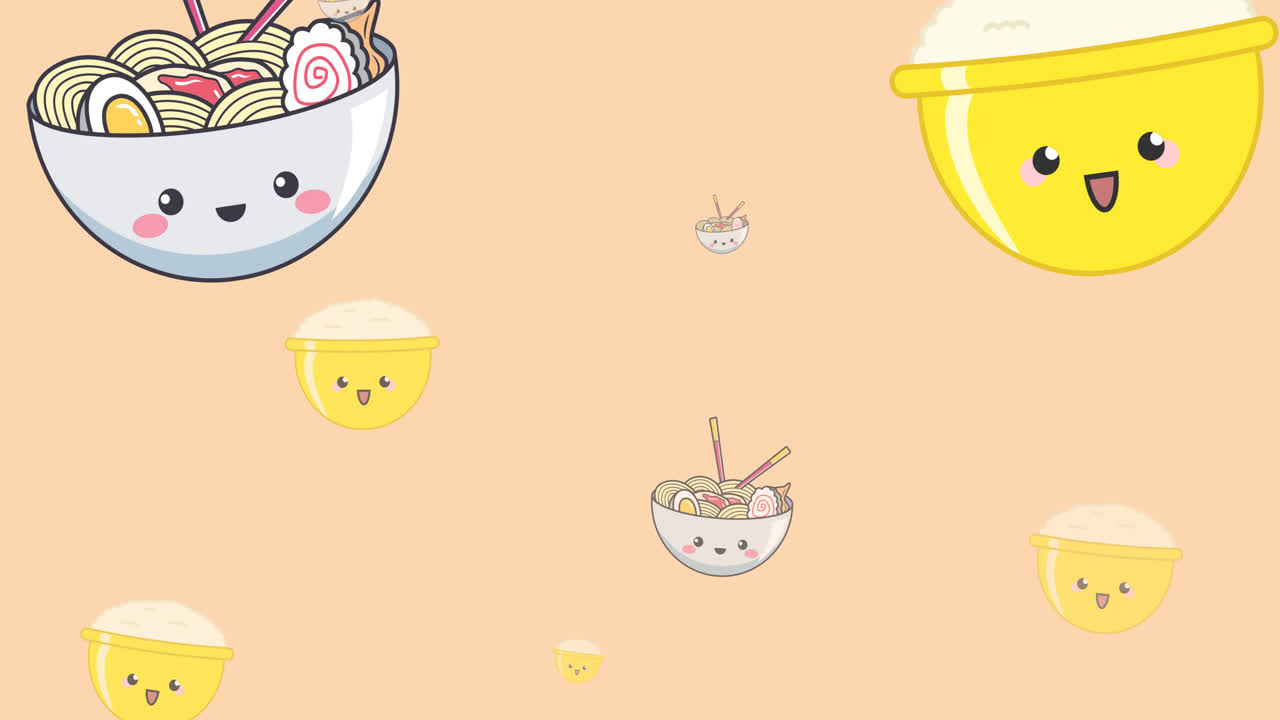 animación de diversos cuencos de dibujos animados con ramen flotando sobre un fondo naranja
